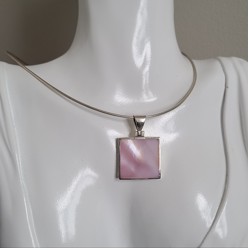 Sterling Silver Pink Mother Of Pearl Inlay Modernist Square Wire Necklace